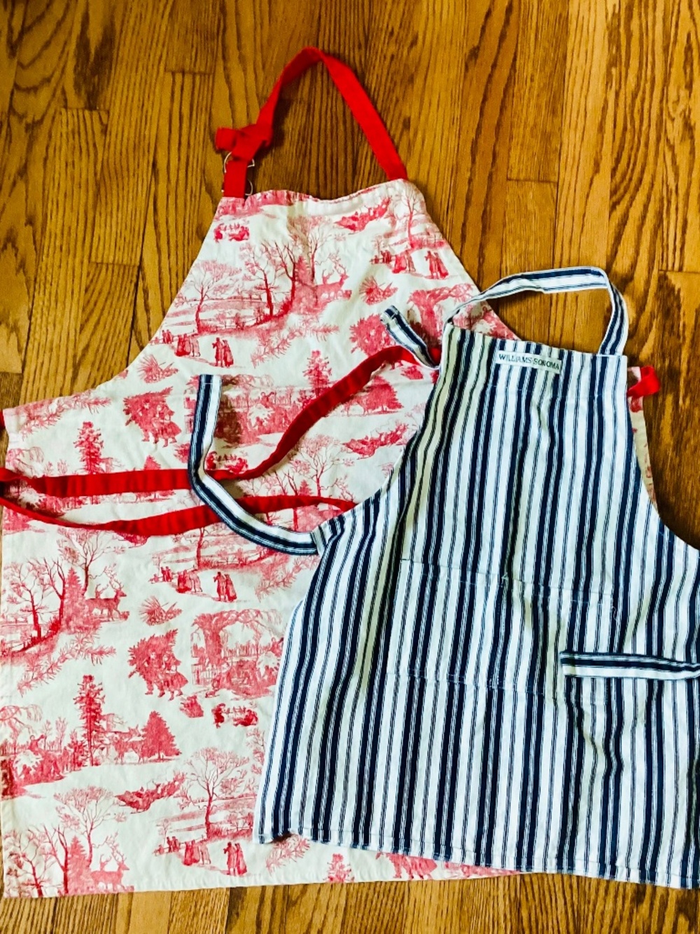 Lot Of 2 Aprons Child Williams Sonoma Blue Striped Adult Toile Red Michel Cotton